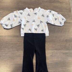 Kids Two-Piece Matching Set - White Bow Print Top & Black Ribbed Pants